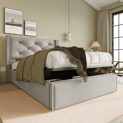 Cama individual hidráulica 90x200 - estofada com arrumação, estrutura metálica, algodão - Cinza claro