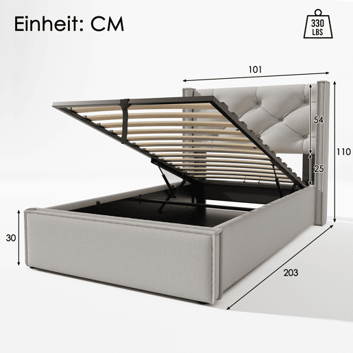 Cama individual hidráulica 90x200 - estofada com arrumação, estrutura metálica, algodão - Cinza claro