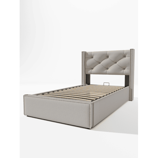 Cama individual hidráulica 90x200 - estofada com arrumação, estrutura metálica, algodão - Cinza claro