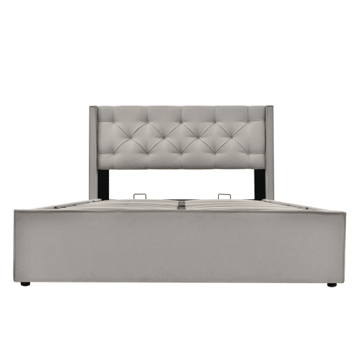 Cama de casal hidráulica 160x200 - estofada com arrumação, colchão incluído - Cinza claro