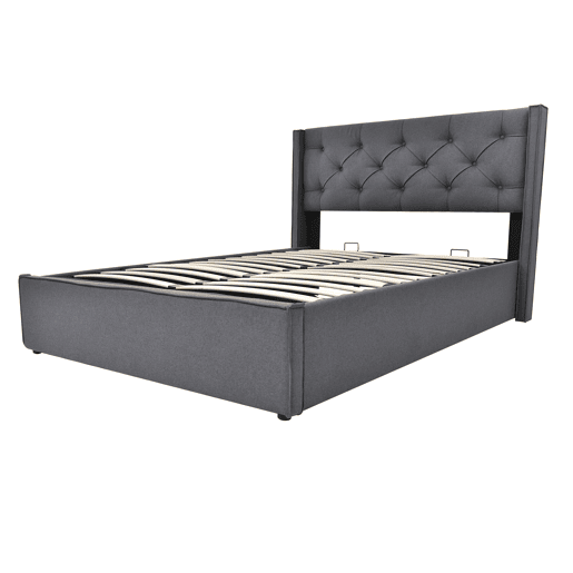 Cama de casal hidráulica estofada 140x200 - com estrado metálico e arrumação - Cinza