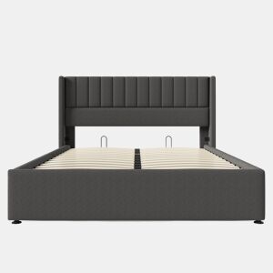 Cama de casal hidráulica 140x200 - com estrado de madeira e metal, estofada em linho - Cinza