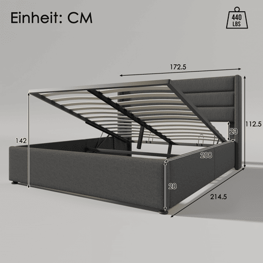 Cama de casal hidráulica 160x200 - estofada, com colchão e estrado de madeira e metal - Cinza