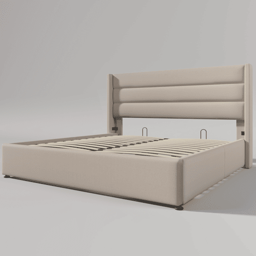 Cama de casal hidráulica 160x200 - com arrumação, colchão incluído, estrado em madeira e metal, linho - Bege