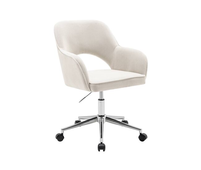 Silla de oficina de pana fina con ruedas y base cromada blanco roto - 62x60x99 cm