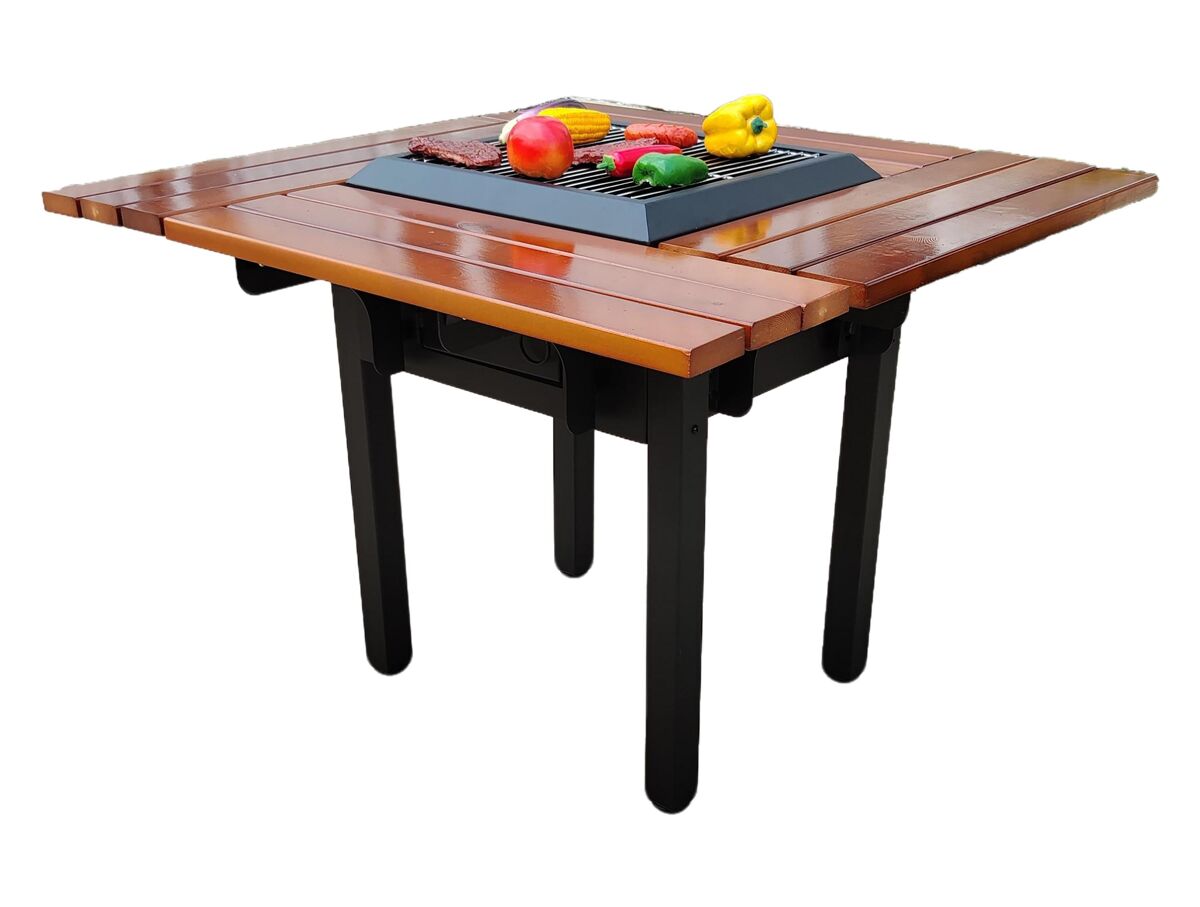 Mesa barbacoa con grill y tablero de madera. mesa barbacoa para cuatro asientos. estructura en acero pintado y tablero de madera de pino muy resistente. con tapa de acero, grill de acero inoxidable.