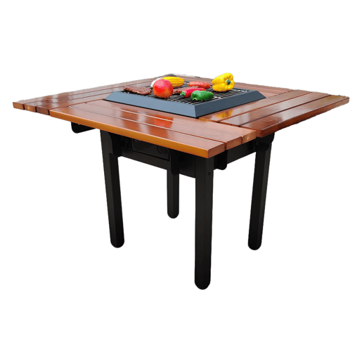 Mesa de churrasco com grelhador e tampo de madeira. Mesa de churrasco para quatro lugares. Estrutura em aço pintado e tampo em madeira de pinho muito resistente. Com tampo em aço, grelha em aço inoxidável.