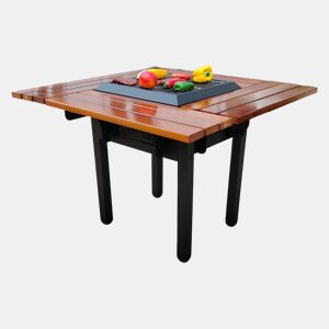 Mesa de churrasco com grelhador e tampo de madeira. Mesa de churrasco para quatro lugares. Estrutura em aço pintado e tampo em madeira de pinho muito resistente. Com tampo em aço, grelha em aço inoxidável.