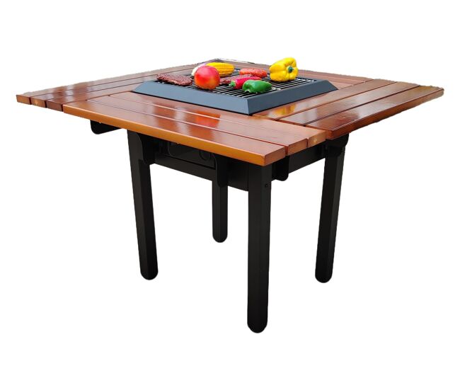 Mesa barbacoa con grill y tablero de madera. Mesa barbacoa para cuatro asientos. Estructura en acero pintado y tablero de madera de pino muy resistente. Con tapa de acero, grill de acero inoxidable.