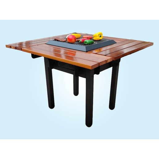 Mesa de churrasco com grelhador e tampo de madeira. Mesa de churrasco para quatro lugares. Estrutura em aço pintado e tampo em madeira de pinho muito resistente. Com tampo em aço, grelha em aço inoxidável.