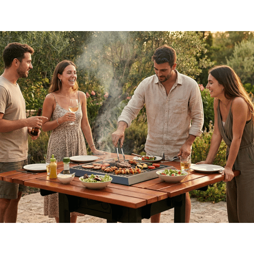 Mesa de churrasco com grelhador e tampo de madeira. Mesa de churrasco para quatro lugares. Estrutura em aço pintado e tampo em madeira de pinho muito resistente. Com tampo em aço, grelha em aço inoxidável.