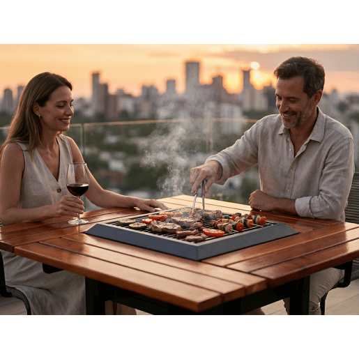Mesa de churrasco com grelhador e tampo de madeira. Mesa de churrasco para quatro lugares. Estrutura em aço pintado e tampo em madeira de pinho muito resistente. Com tampo em aço, grelha em aço inoxidável.