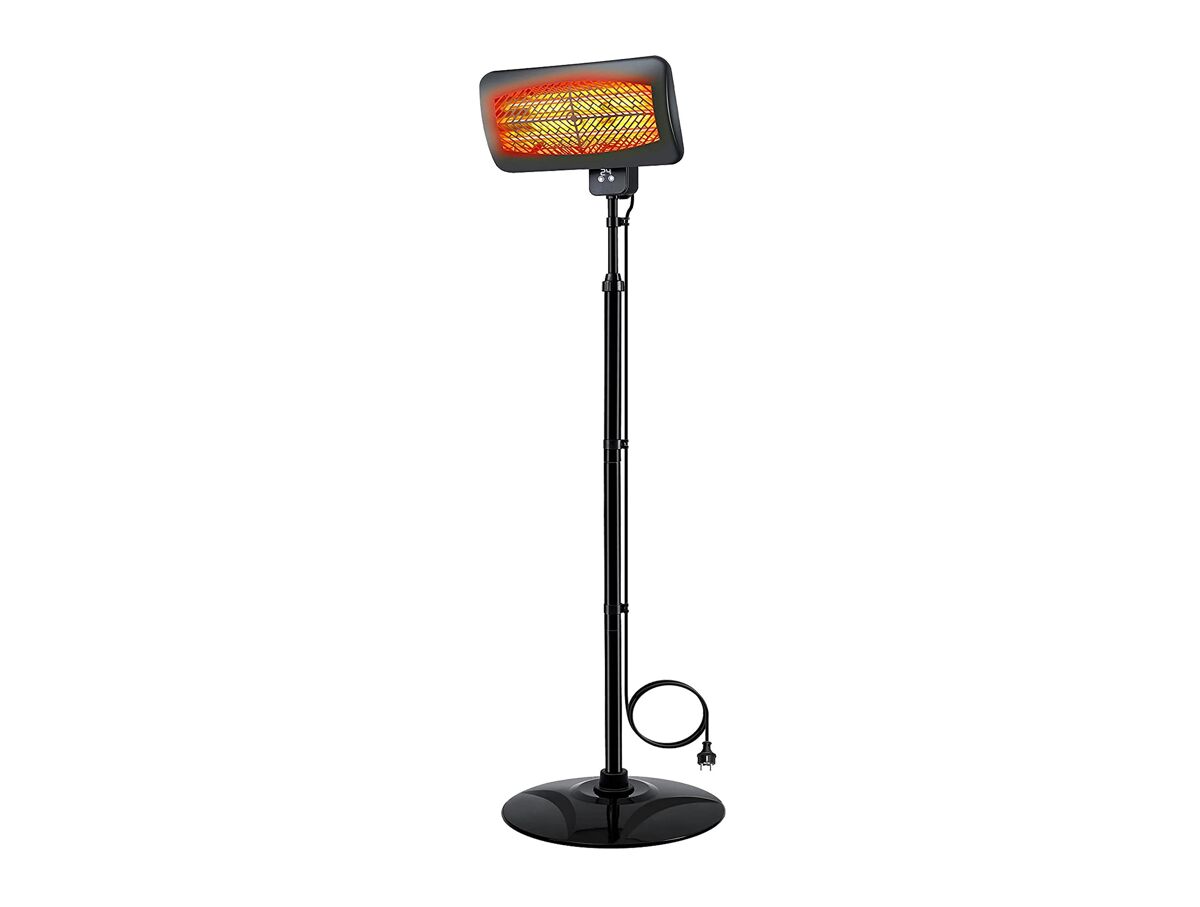 Calefactor halógeno de exterior de pie. 3 potencias de 650w, 1350w y 2000w. control digital, display led y mando a distancia. temporizador 24h. ajustable hasta los 2,1m. ángulo ajustable. 3 elementos de cuarzo. ipx4