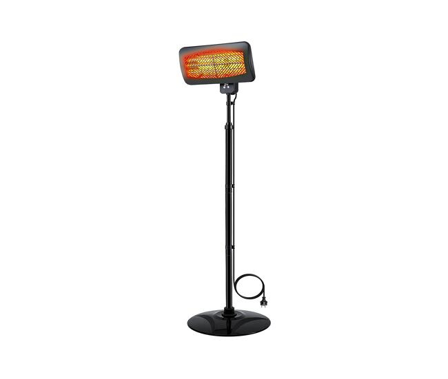 Calefactor halógeno de exterior de pie. 3 potencias de 650w, 1350w y 2000w. control digital, display led y mando a distancia. temporizador 24h. ajustable hasta los 2,1m. ángulo ajustable. 3 elementos de cuarzo. ipx4