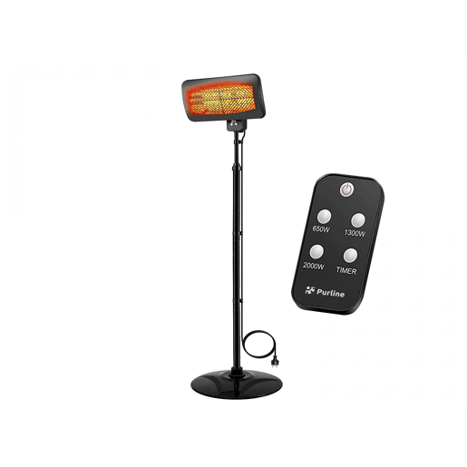 Aquecedor de halogéneo de chão para exterior. 3 potências de 650w, 1350w e 2000w. Controlo digital, visor LED e controlo remoto. Temporizador de 24 horas. Ajustável até 2,1 m. Ângulo ajustável.