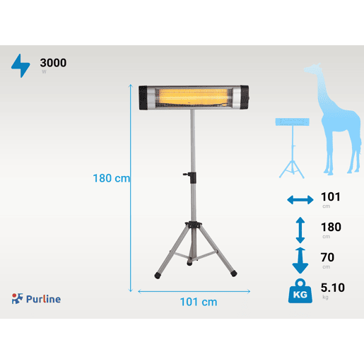 Aquecedor de halogéneo com protecção IP20. Desenho vertical feito de ABS preto, 3000W. Medidas 101x70x180 cm.