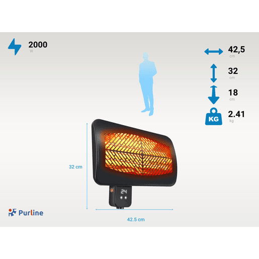 Aquecedor de parede de halogéneo para exterior. 3 potências de 650w, 1350w e 2000w. Controlo digital, visor LED e controlo remoto. Temporizador de 24 horas