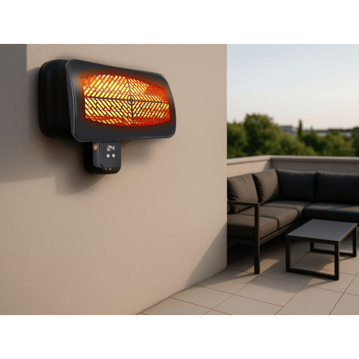 Aquecedor de parede de halogéneo para exterior. 3 potências de 650w, 1350w e 2000w. Controlo digital, visor LED e controlo remoto. Temporizador de 24 horas