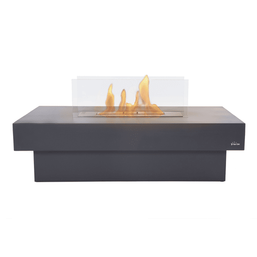 Lareira a etanol com design de mesa e depósito central com capacidade para 3 litros, que emite uma chama regulável.
