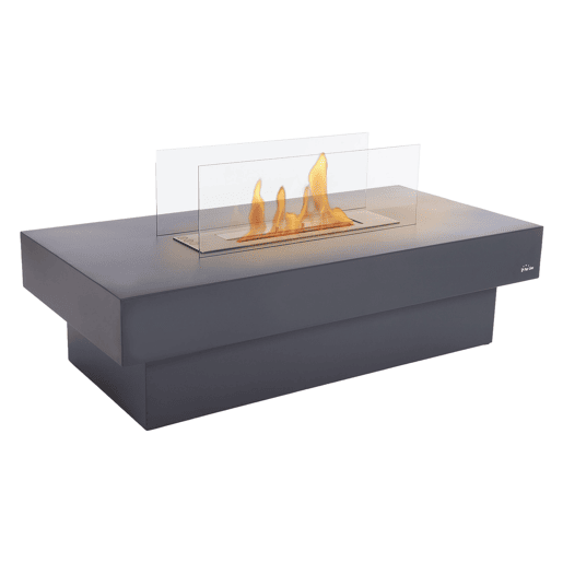 Lareira a etanol com design de mesa e depósito central com capacidade para 3 litros, que emite uma chama regulável.