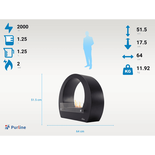 Lareira a etanol com um desenho circular com acabamento em aço inoxidável e aço esmaltado. Inclui um bloco de combustão de 1,5L de capacidade que permite regular a chama e o seu poder calorífico é equivalente a 2,5KW.
