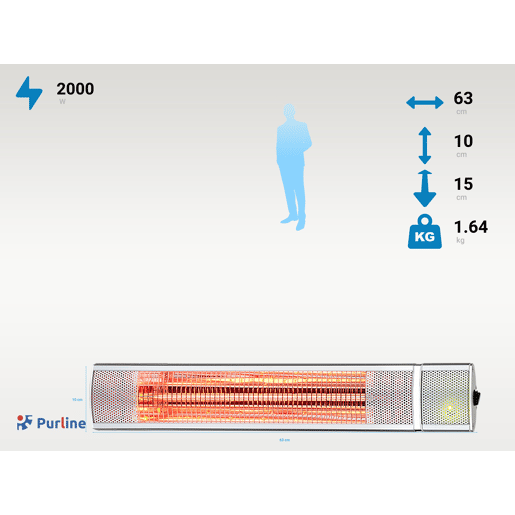 Aquecedor de halogéneo de 2000W com protecção IP55. Desenho horizontal para montagem em parede de metal. medidas 63x15x10 cm.