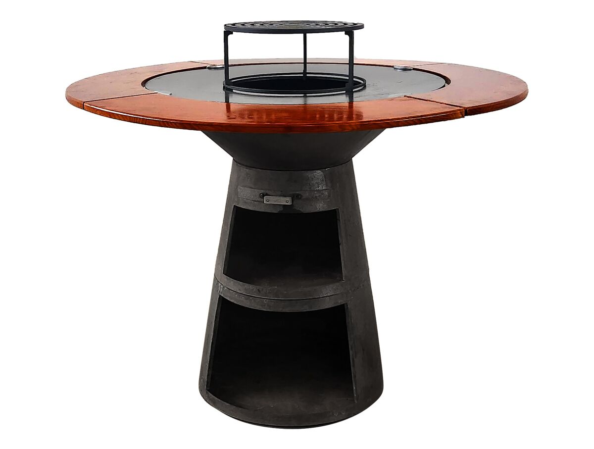 Barbacoa redonda con plancha de acero y grill y tablero de madera 121x121x105 cm