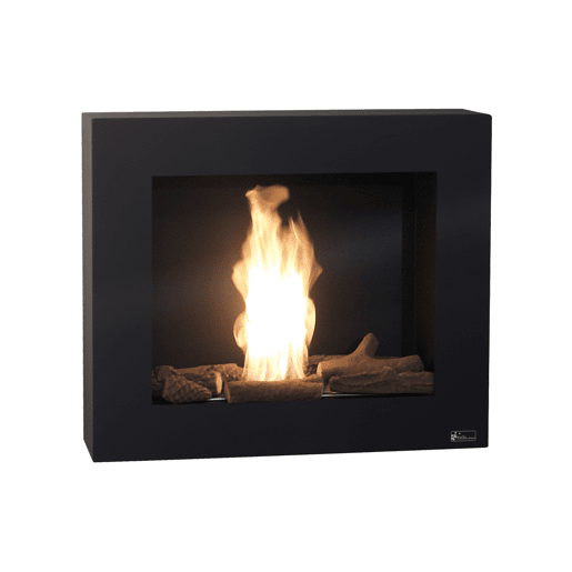 Lareira a etanol com 1,75kW e 1,2L de capacidade. Desenho rectangular em aço lacado a preto