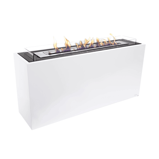 Lareira de grandes dimensões e grande autonomia graças ao seu depósito de 5 litros. Fabricada em aço lacado branco.