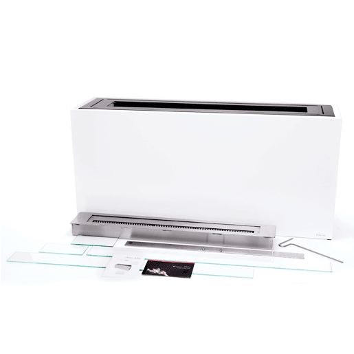 Lareira de grandes dimensões e grande autonomia graças ao seu depósito de 5 litros. Fabricada em aço lacado branco.