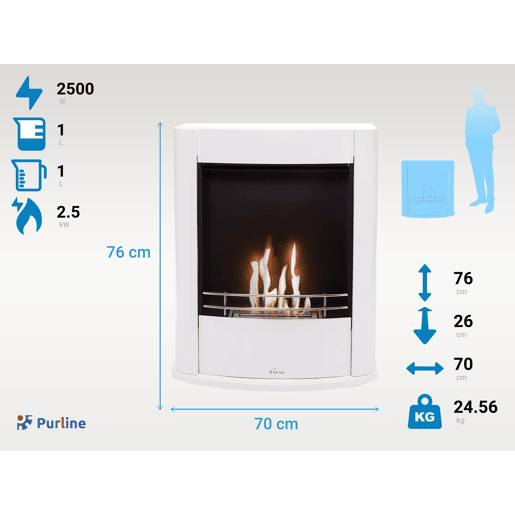 Lareira a etanol com 2,5 kW e 1,5 L de capacidade. Design fabricado em aço branco.