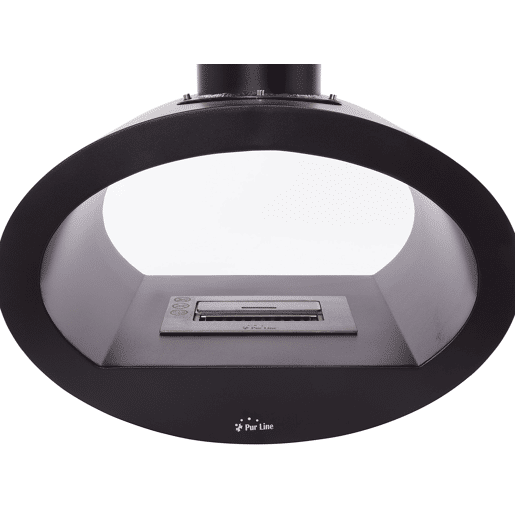 Lareira a etanol montada no tecto com vista de chama de ambos os lados. Fabricado em aço preto. 2kW de potência e bloco de combustão de 1,5L