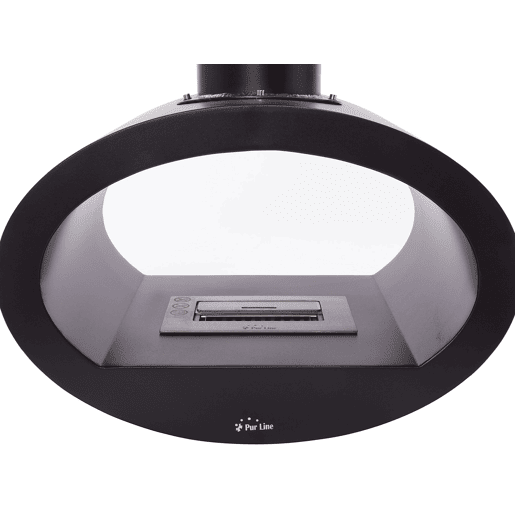 Lareira a etanol montada no tecto com vista de chama de ambos os lados. Fabricado em aço preto. 2kW de potência e bloco de combustão de 1,5L