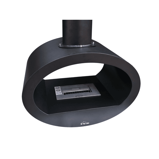 Lareira a etanol montada no tecto com vista de chama de ambos os lados. Fabricado em aço preto. 2kW de potência e bloco de combustão de 1,5L