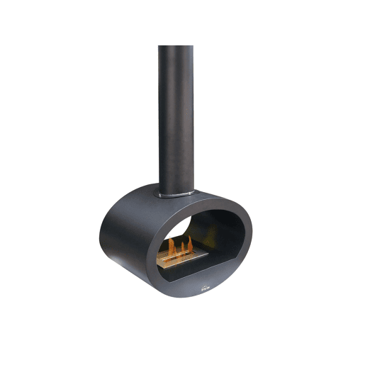 Lareira a etanol montada no tecto com vista de chama de ambos os lados. Fabricado em aço preto. 2kW de potência e bloco de combustão de 1,5L