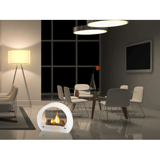 Lareira a etanol com um desenho circular com acabamento em aço inoxidável e aço esmaltado. Inclui um bloco de combustão de 1,5L de capacidade que permite regular a chama e o seu poder calorífico é equivalente a 2,5KW.