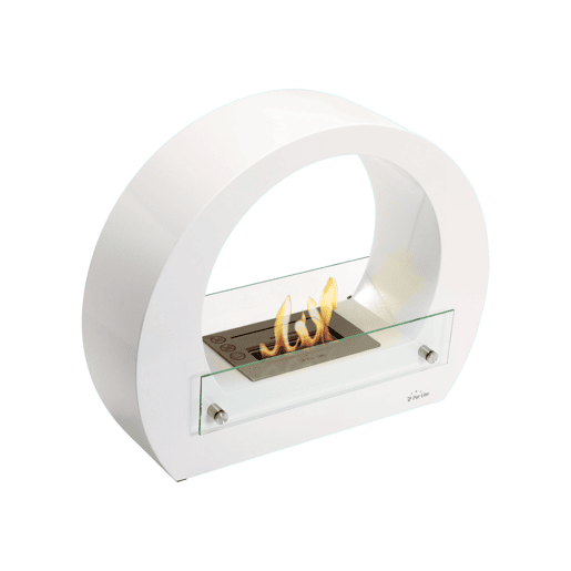 Lareira a etanol com um desenho circular com acabamento em aço inoxidável e aço esmaltado. Inclui um bloco de combustão de 1,5L de capacidade que permite regular a chama e o seu poder calorífico é equivalente a 2,5KW.