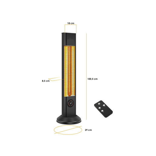 Aquecedor de halogéneo com protecção IP55. Desenho na forma de uma torre de 2000W. Feito de metal, mede 15x55x95 cm e é ideal para salas até 18m2.