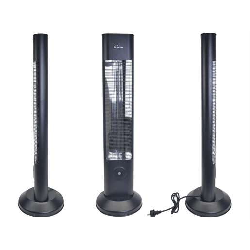 Aquecedor de halogéneo com protecção IP55. Desenho na forma de uma torre de 2000W. Feito de metal, mede 15x55x95 cm e é ideal para salas até 18m2.