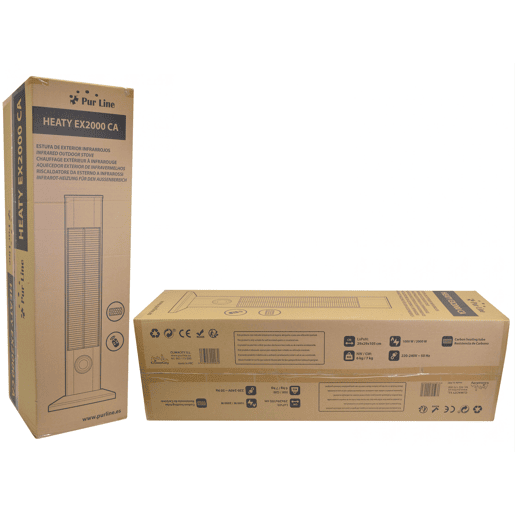 Aquecedor de halogéneo com protecção IP55. Desenho na forma de uma torre de 2000W. Feito de metal, mede 15x55x95 cm e é ideal para salas até 18m2.