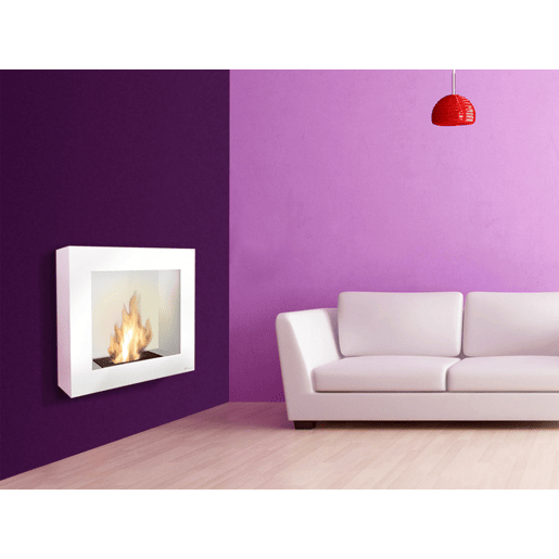 Lareira a etanol de 1,75kW e 1,2L de capacidade. Desenho rectangular em aço lacado a branco