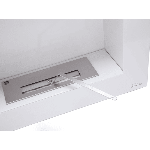 Lareira a etanol de 1,75kW e 1,2L de capacidade. Desenho rectangular em aço lacado a branco