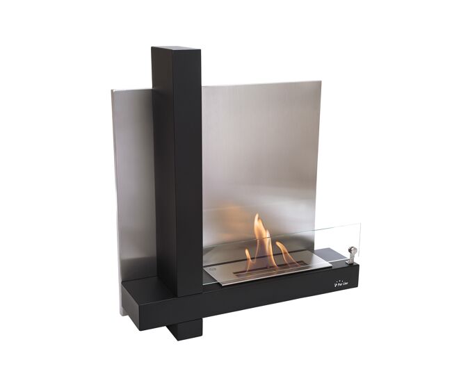 Chimenea de etanol de 2kw y 1.25l de capacidad. diseño en forma de l fabricado en acero esmaltado negro y dos cristales templados
