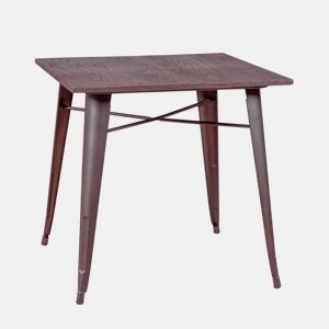 Mesa industrial em aço envelhecido e madeira escura - Bistro