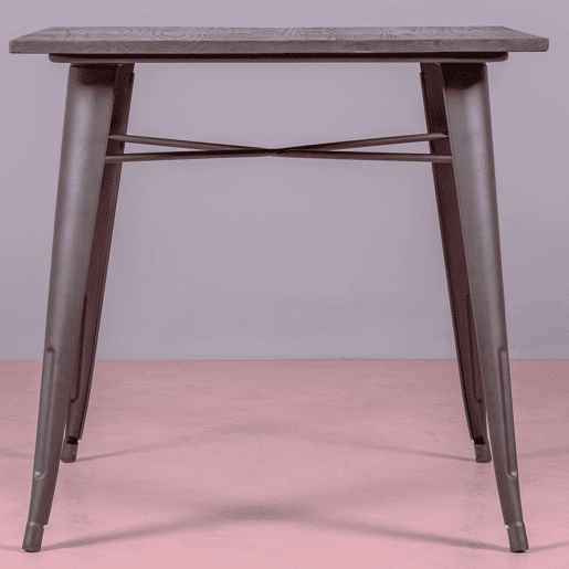 Mesa industrial em aço envelhecido e madeira escura - Bistro