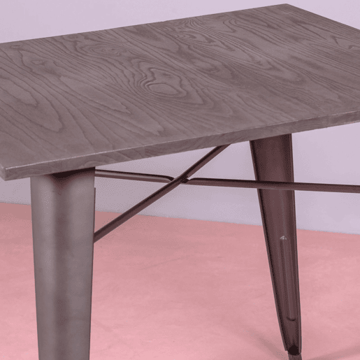 Mesa industrial em aço envelhecido e madeira escura - Bistro