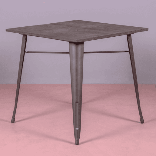 Mesa industrial em aço envelhecido e madeira escura - Bistro