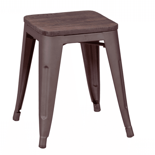 Banqueta baixa industrial em aço envelhecido e assento de madeira (45cm) - Bistro
