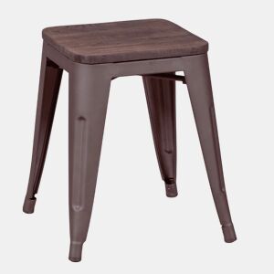 Banqueta baixa industrial em aço envelhecido e assento de madeira (45cm) - Bistro