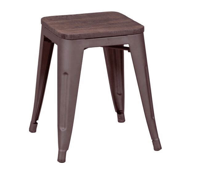 Taburete bajo industrial en acero envejecido y asiento de madera (45cm) - bistro